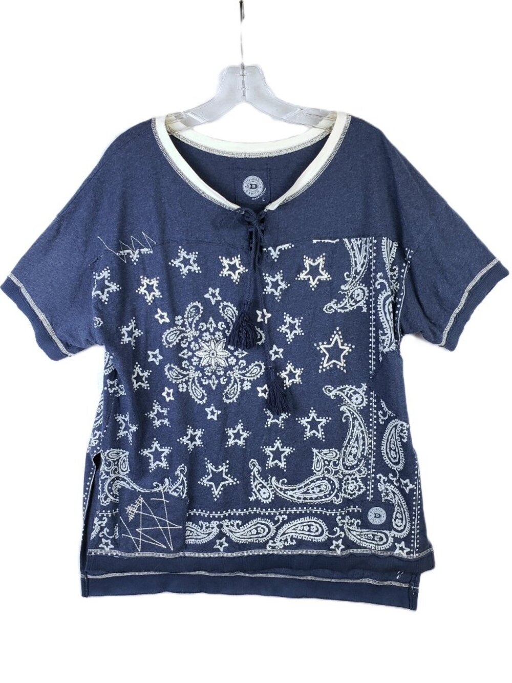 Double D Ranch Tee Tunic Paisley Bandana Patchwork Beaded Lace-Up size L Western